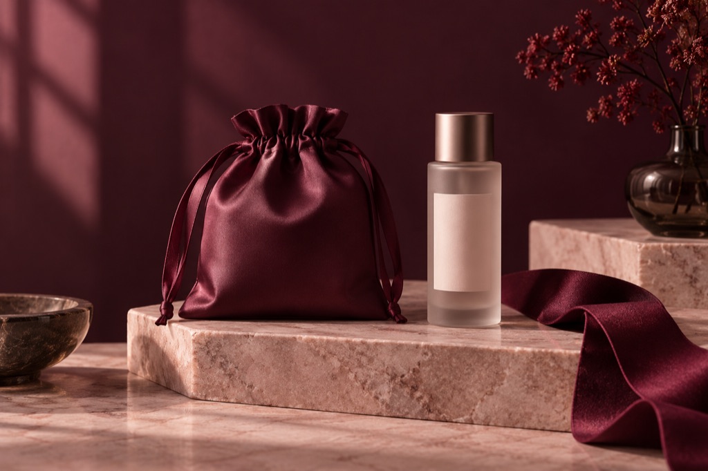 Still life with a fabric pouch and unbranded bottle; fictional objects